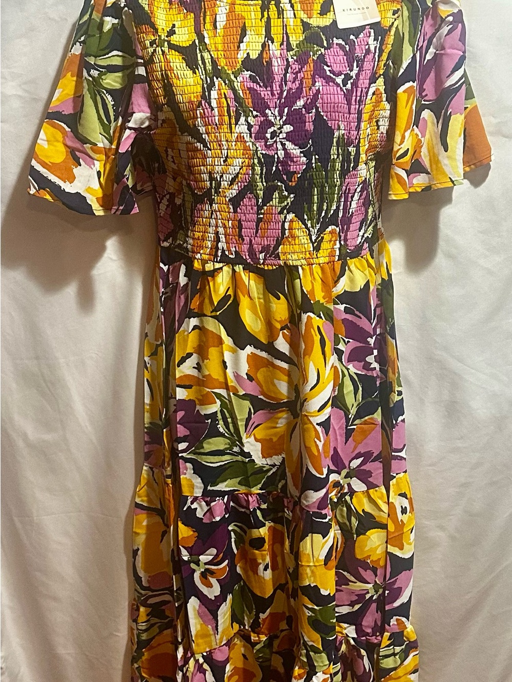 Women’s Floral Smocked Midi Dress in Yellow & Purple